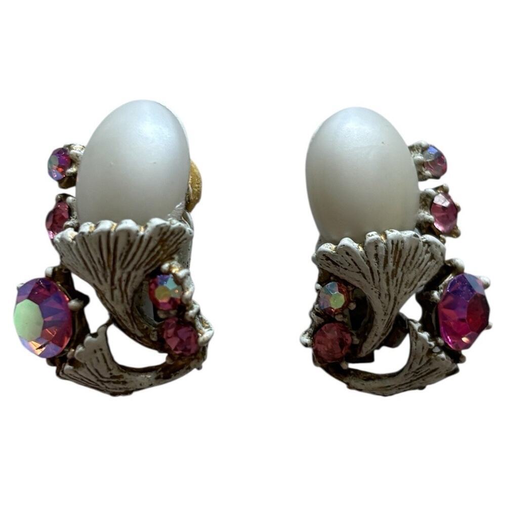 Clip On Earrings Pink AB Crystal Faux Pearl Cabochon